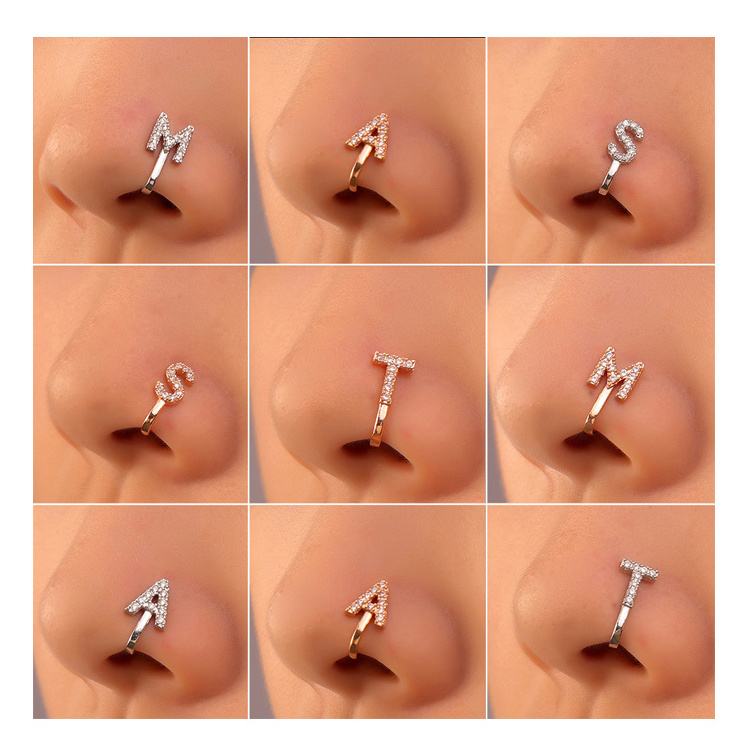 Trendy Jewelry Free Sample Punk 1Pcs Brass CZ A-Z Alphabet Gold Fake Piercing Clip Initial Letter Nose Rings For Women