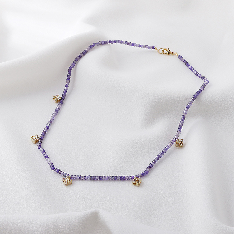 Bohemian Lancui Trendy Jewelry Faceted Beads Natural Stone Flower Charms Dangle Purple Agate Choker Necklace