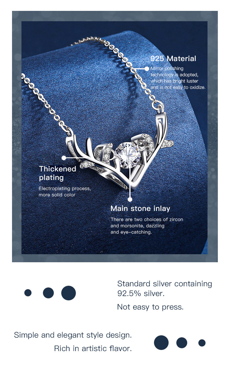 Luxury Dainty Women 925 Sterling Silver Cubic Zirconia and Moissanite Diamond Antlers Chain Pendant Choker Necklace Fine Jewelry