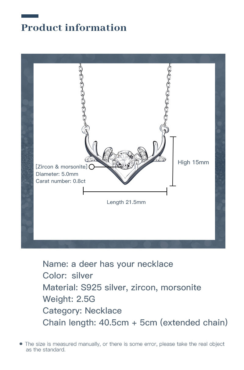 Luxury Dainty Women 925 Sterling Silver Cubic Zirconia and Moissanite Diamond Antlers Chain Pendant Choker Necklace Fine Jewelry