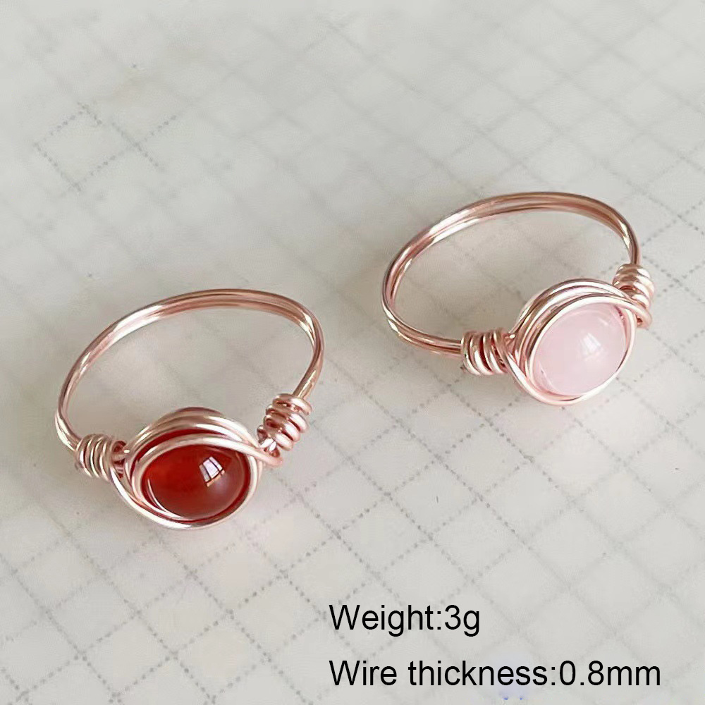 Hot Sale Minimalist Handmade Natural Healing Stones Jewelry Rose Quartz Copper Wire Wrapped Gemstone Rings