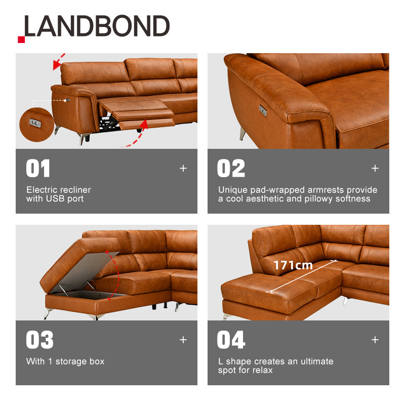 Leather Sofa Modern Designed Living Room Office USB European Electric Recliner Corner Combination Sofa