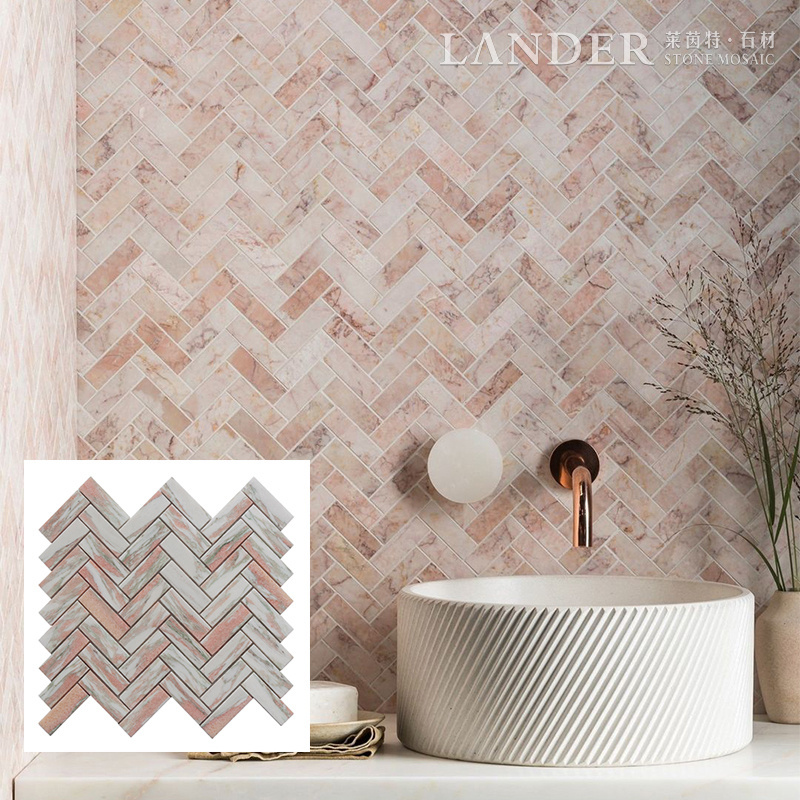 Lander Stone ROSA NORVEGIA Herringbone Mosaic Tiles Bathroom Floor Wall Basket weave green White Marble Mosaics