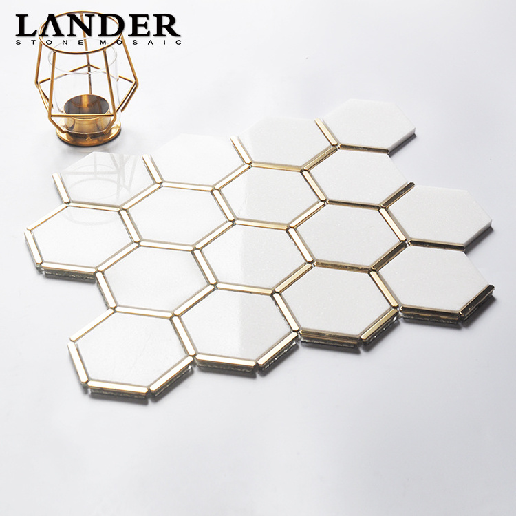 new design hexagonal honeycomb Brass inlay tiles  white marble with brush gold stainless steel mosaic tile