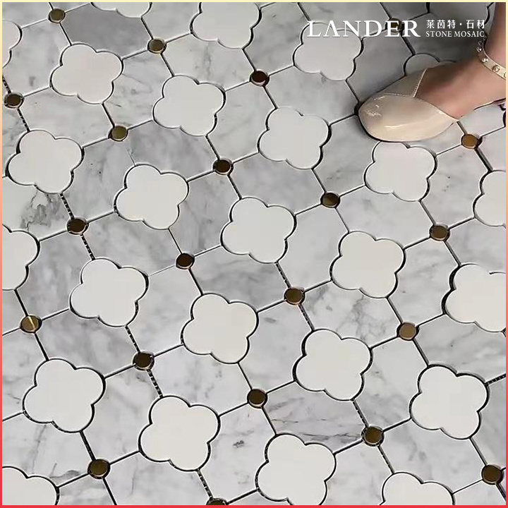 Natural stone Mosaic Rosa Norvegia marble crystal white Brass Inlay marble waterjet Mosaic Tiles design wall and floor tile