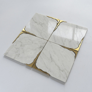 Carrara White Square Marble Mosaic Tile Metal Brass Tile Polished Kitchen Bathroom Backsplash