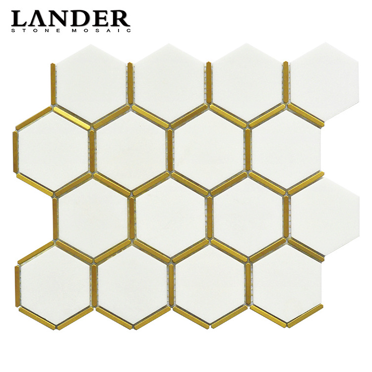 new design hexagonal honeycomb Brass inlay tiles  white marble with brush gold stainless steel mosaic tile