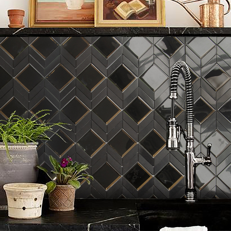 Luxury 3D diamond mirror tiles mosaics tiles irregular  hexagon tiles black and gold glass mosaic