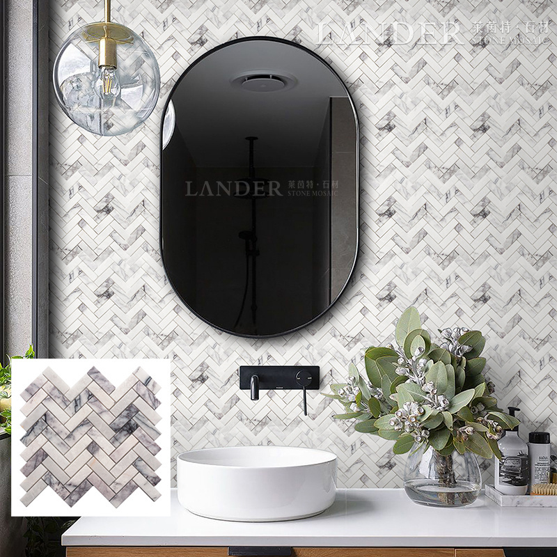 Lander Stone ROSA NORVEGIA Herringbone Mosaic Tiles Bathroom Floor Wall Basket weave green White Marble Mosaics