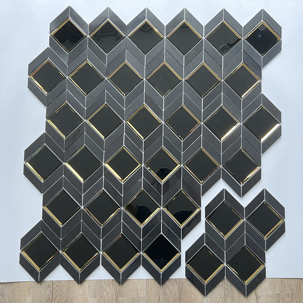 Luxury 3D diamond mirror tiles mosaics tiles irregular  hexagon tiles black and gold glass mosaic