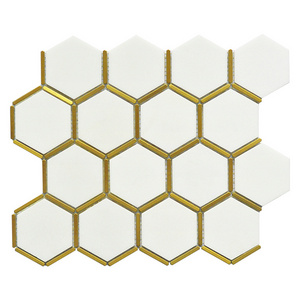 new design hexagonal honeycomb Brass inlay tiles  white marble with brush gold stainless steel mosaic tile