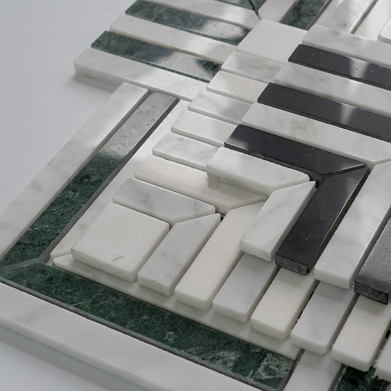 Indian green marble mixed carrara strip stone 3d backsplash bathroom floor tile green marble mosaic tile