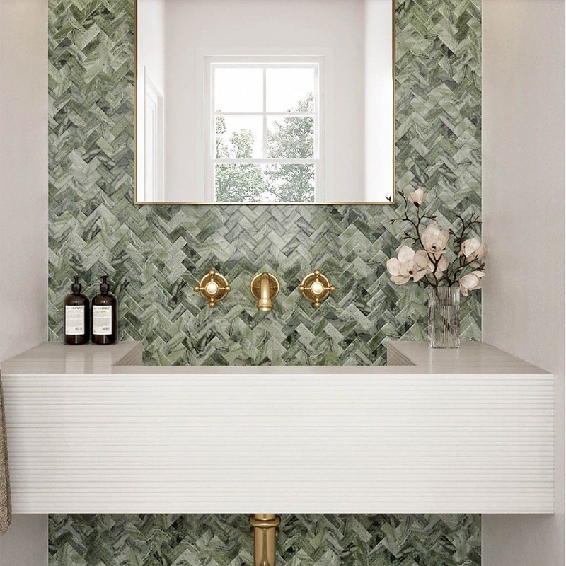 Lander Stone ROSA NORVEGIA Herringbone Mosaic Tiles Bathroom Floor Wall Basket weave green White Marble Mosaics