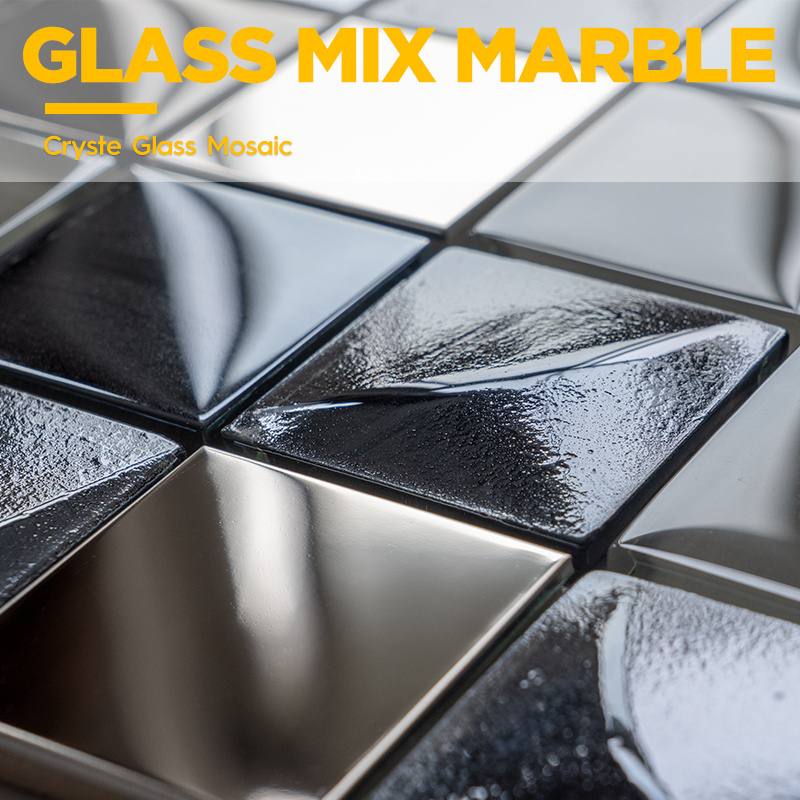 Glass Metal Mix Mosaic Grid Square Mirror Metal Glass Mosaic tile for Kitchen Backsplash