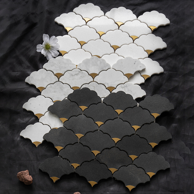 High Quality White Kitchen Backsplash Brass Marble  Fan Shape Mosaic Tile Wall Flooring