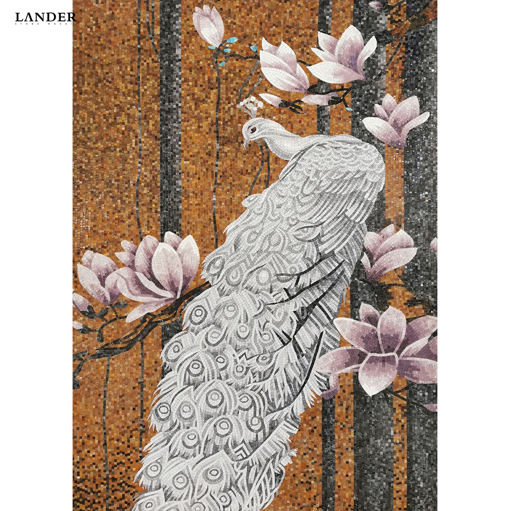 LANDER STONE Moden Flowers And Birds Pattern Art Pictures Wall Decoration Ideas Glass Mosaic Mural Pattern Tiles