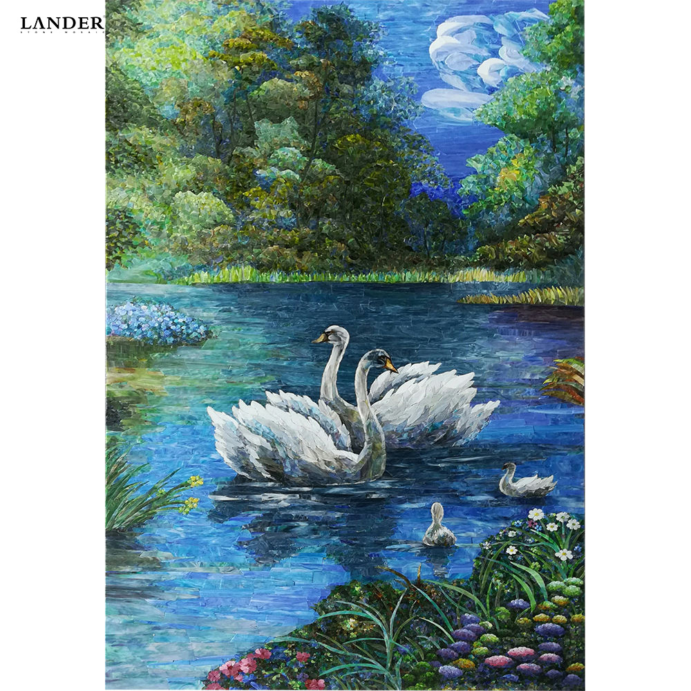 LANDER STONE Moden Flowers And Birds Pattern Art Pictures Wall Decoration Ideas Glass Mosaic Mural Pattern Tiles