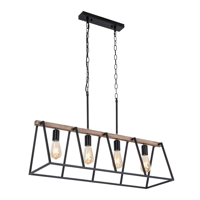 Wooden Rustic Farmhouse Indoor Large Retro Industrial Vintage Living Room Kitchen Island Black Iron Chandeliers Pendant Lights