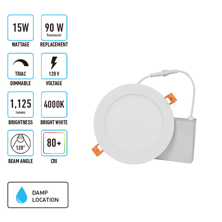 LED Recessed Low Profile Slim Panel Light with Junction Box AirTight 6 inch 15W  1100 Lumens 3K 5K CRI80+ Dimmable ETL EST DLC