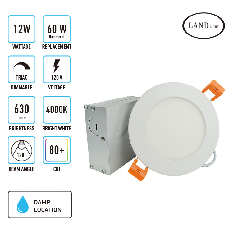 Led Recessed Low Profile Slim Panel Light With Junction Box Air Tight 4 Inch 9W  550 Lumens 3000K Warm White Cri80+ Dimmable Etl