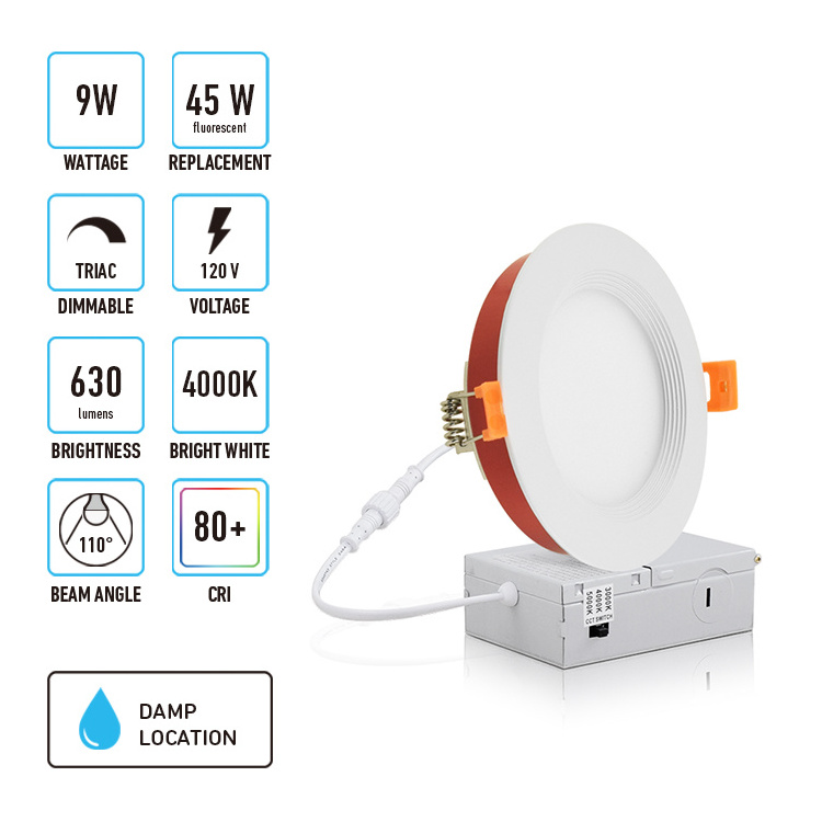 Etl 9W 12W Dimmable Cct Recessed Mounted Fire Proof Potlight Slim Round Fire Rated Led Panel Light With Driver