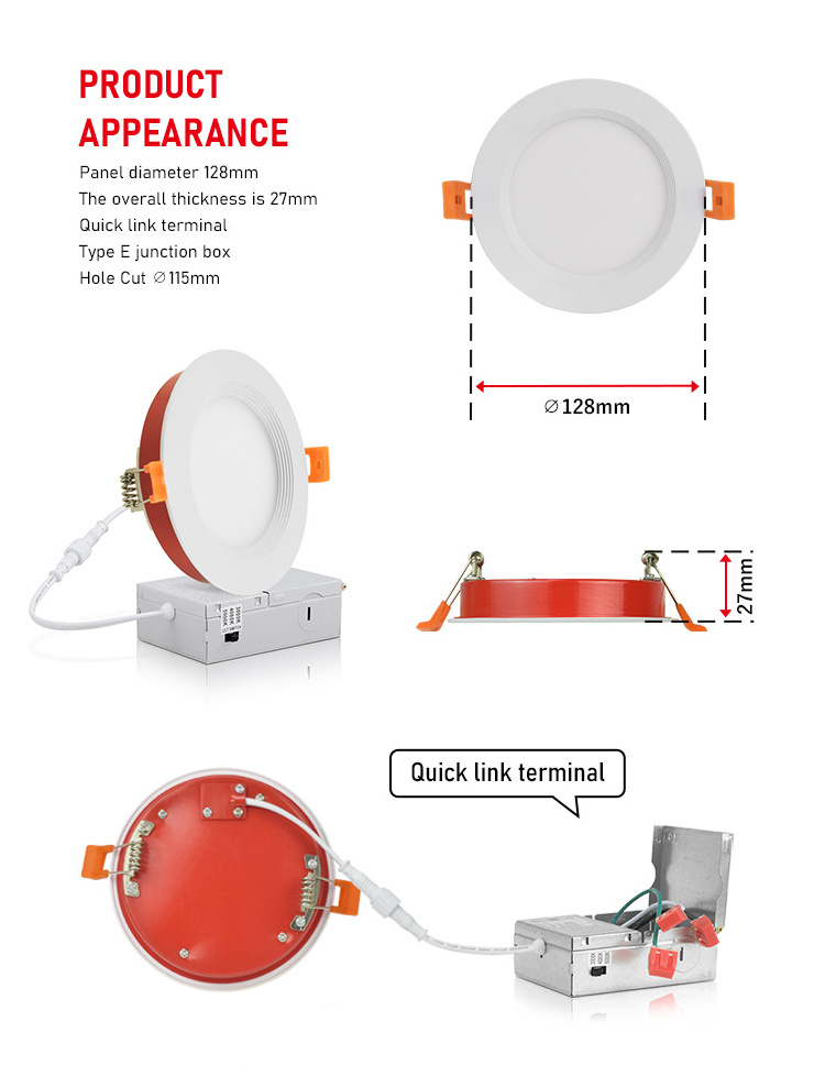 Etl 9W 12W Dimmable Cct Recessed Mounted Fire Proof Potlight Slim Round Fire Rated Led Panel Light With Driver