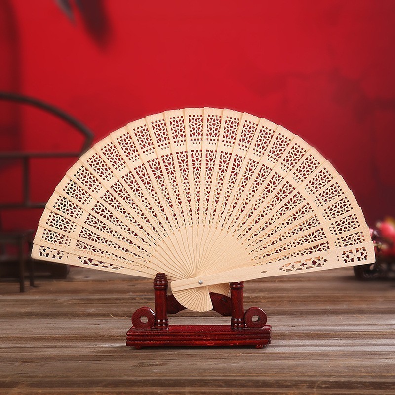 Custom logo Best Gift Chinese carved folding fragrance wood hand fan Hotel wedding fan