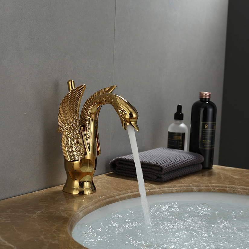 Luxury gold hot water Swan shape mixer tap single handle bathroom basin faucet