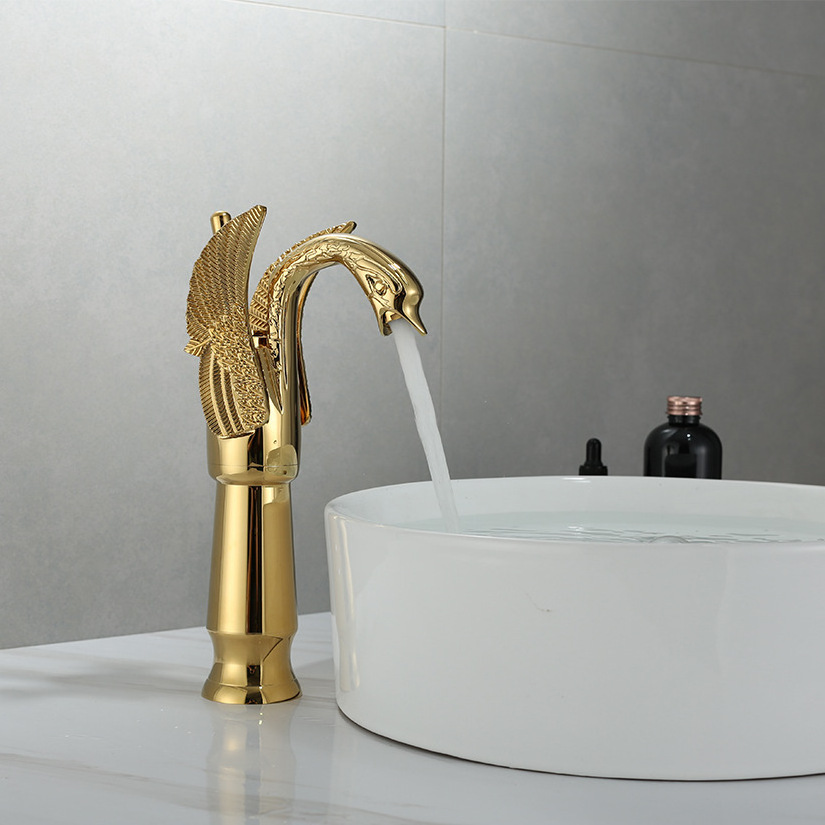 Luxury gold hot water Swan shape mixer tap single handle bathroom basin faucet