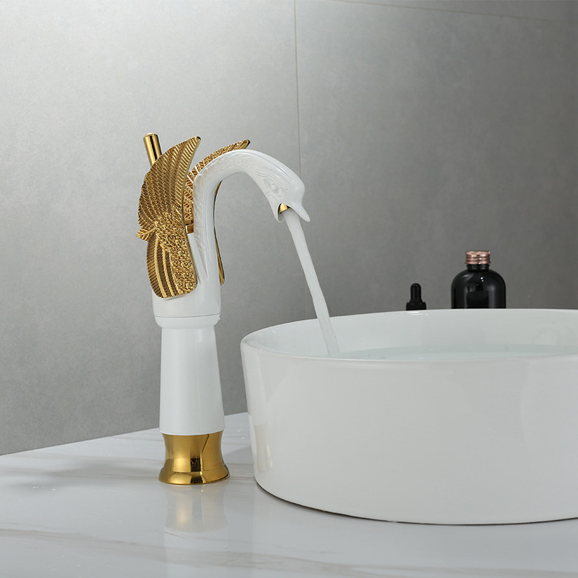 Luxury gold hot water Swan shape mixer tap single handle bathroom basin faucet