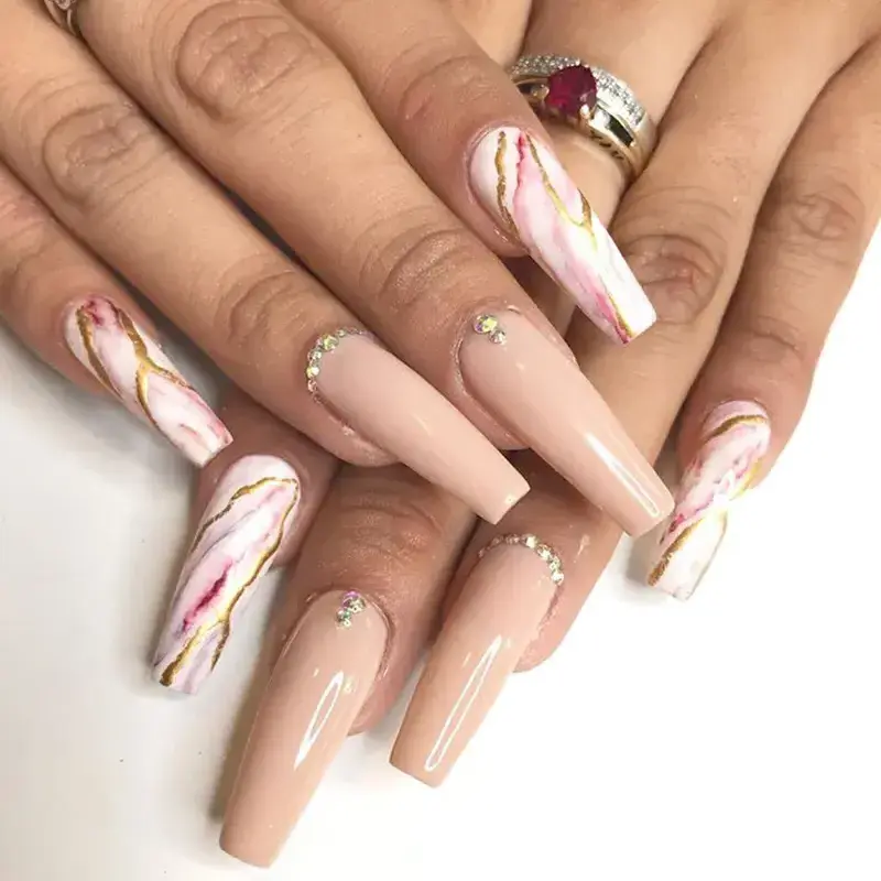 Extreme Long Coffin Press On Nails With Rhinestone Pink Glitter Stick O0n Fakenail Nails Decorated Artificial Finger Nails