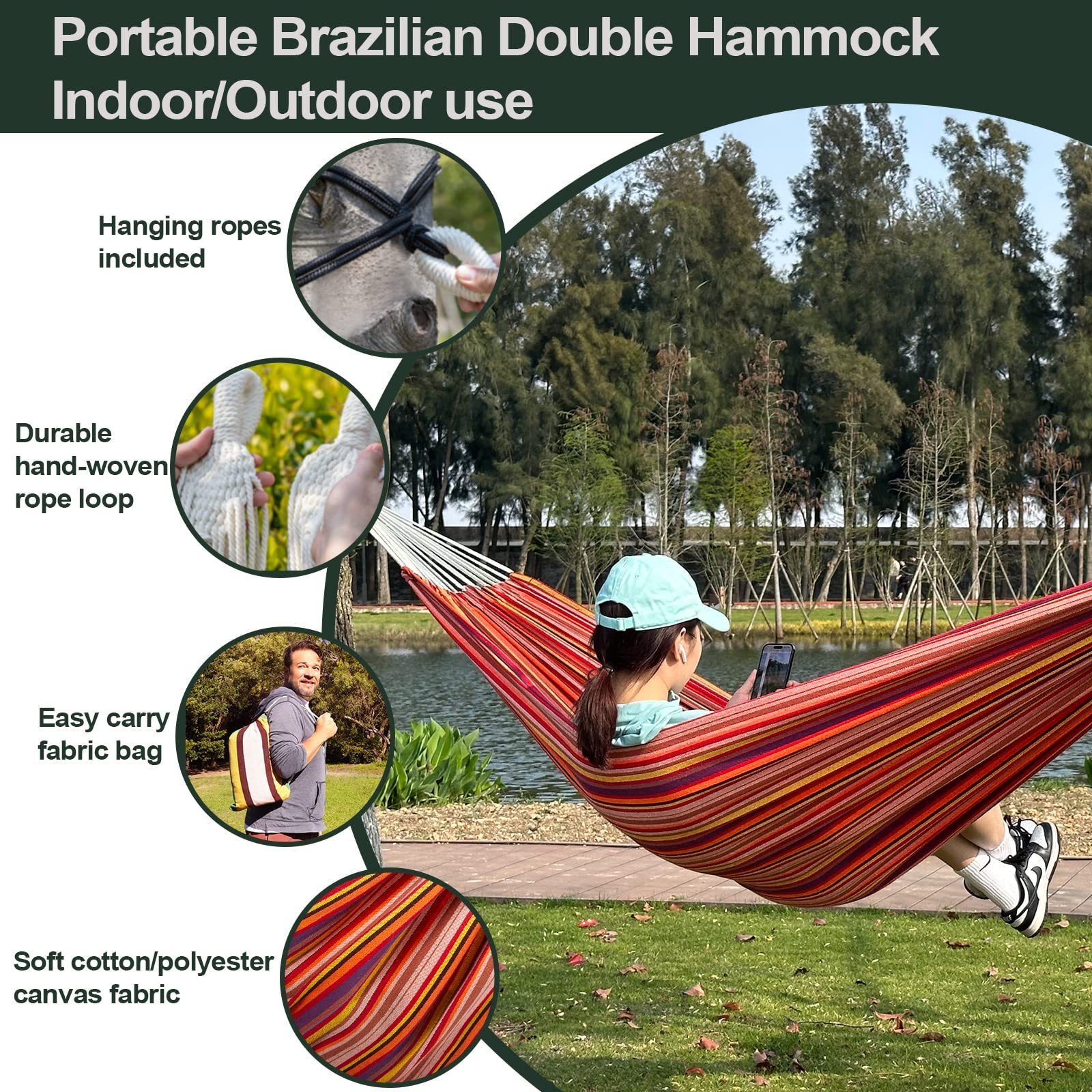 Factory Hot Sale Portable Cotton Hammock for Patio Backyard Porch 450LBS Weight Capacity