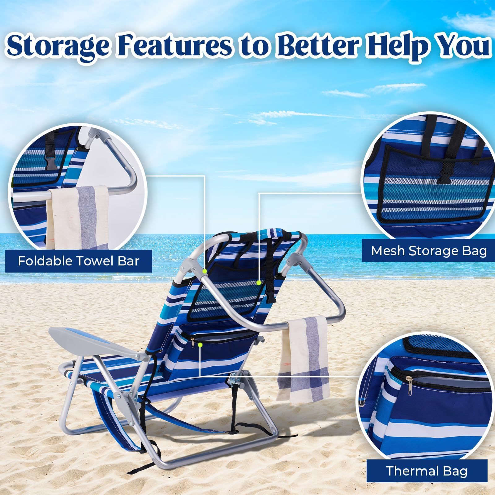 Wholesale Price Portable Beach Chair Folding Backpack Beach Reclining Chair with Headrest, Cooler Pouch, Cup Holder