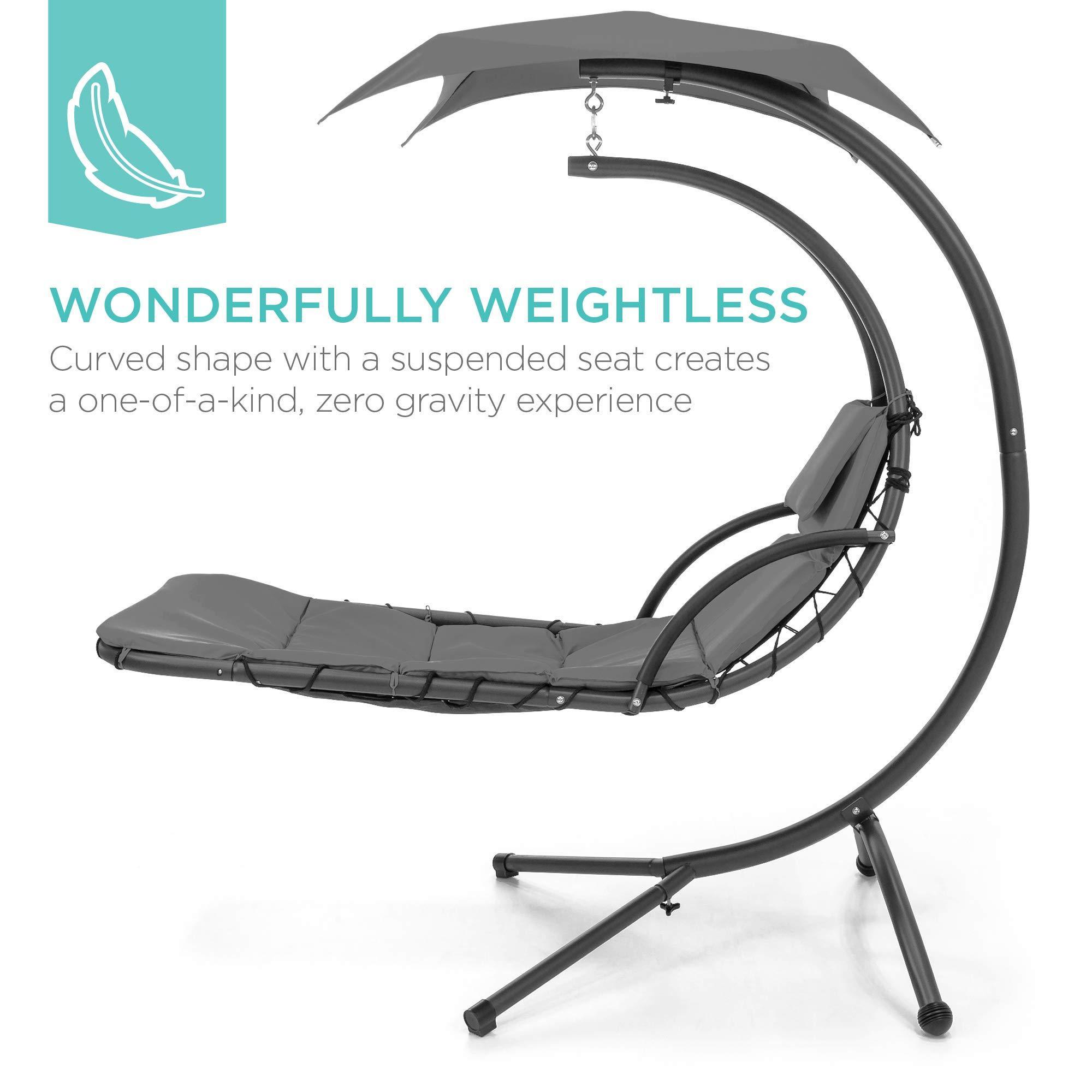 Factory Hot Sale Outdoor Hanging Curved Steel Chaise Lounge Chair Swing w/Built-in Pillow and Removable Canopy