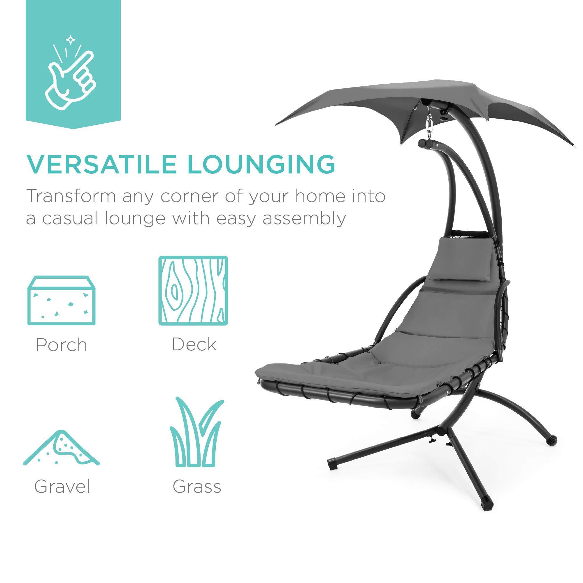 Factory Hot Sale Outdoor Hanging Curved Steel Chaise Lounge Chair Swing w/Built-in Pillow and Removable Canopy