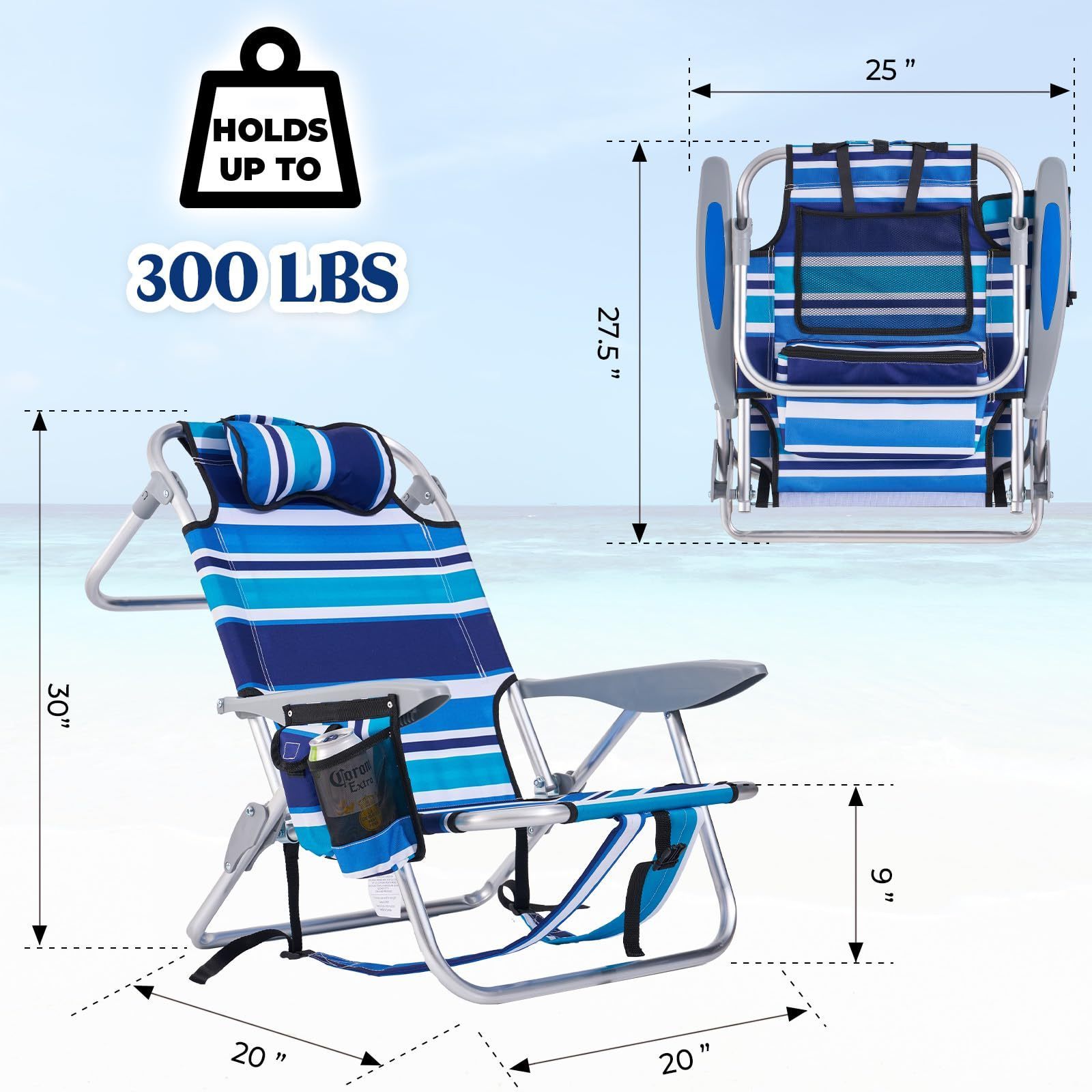 Wholesale Price Portable Beach Chair Folding Backpack Beach Reclining Chair with Headrest, Cooler Pouch, Cup Holder