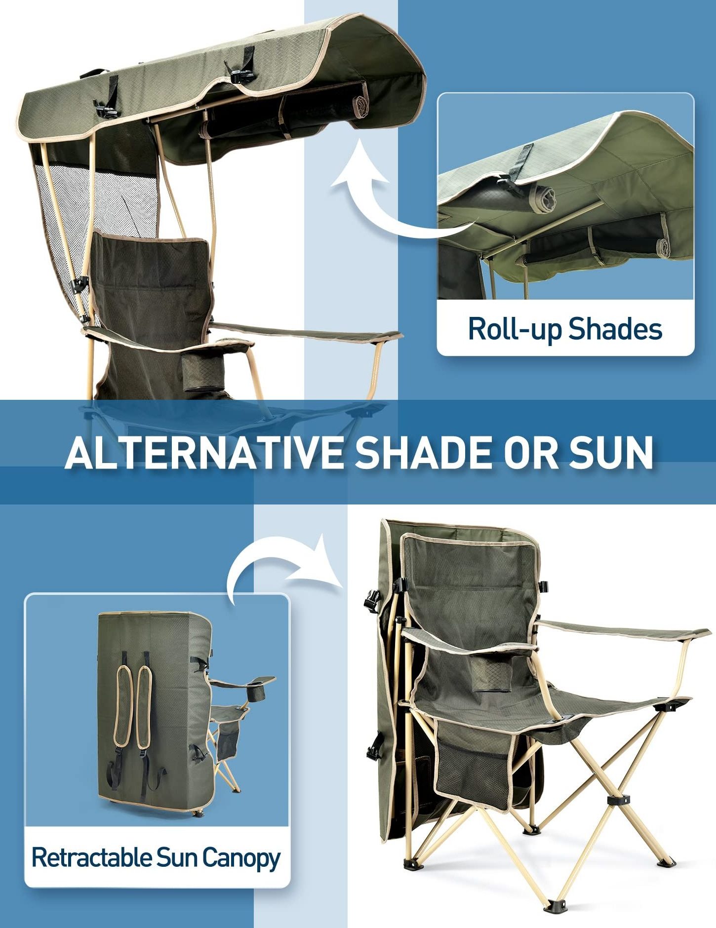 Wholesale Prices Folding Camping Chair with Canopy Outdoor Beach Chair with Retractable Upf 50+ Canopy Sun Visor Cup Holder