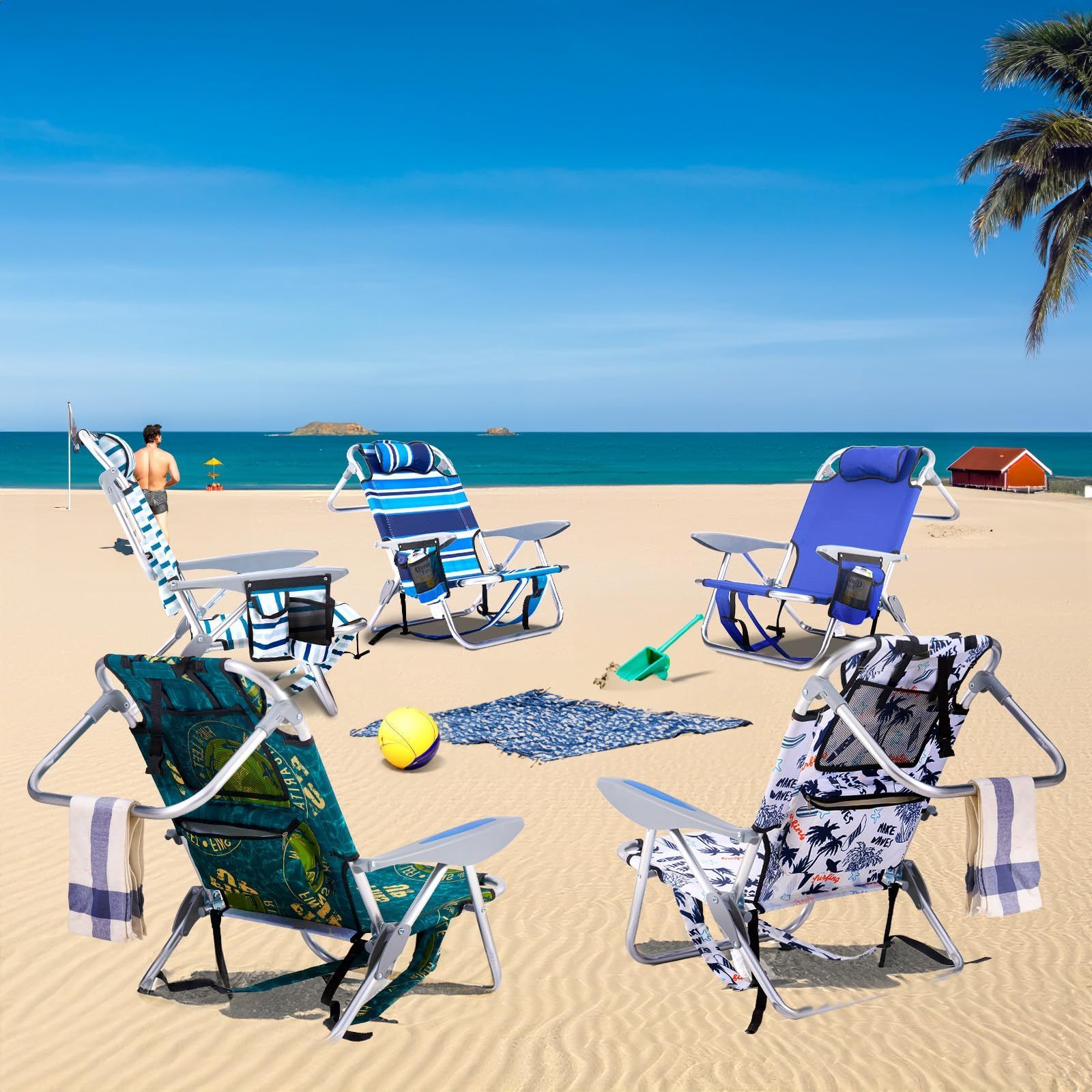 Wholesale Price Portable Beach Chair Folding Backpack Beach Reclining Chair with Headrest, Cooler Pouch, Cup Holder