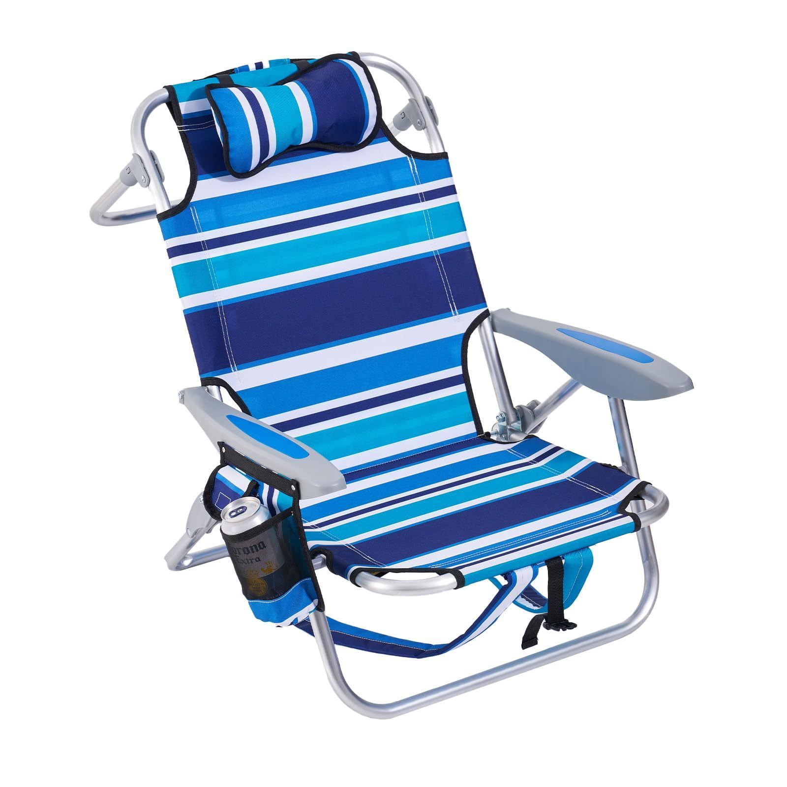 Wholesale Price Portable Beach Chair Folding Backpack Beach Reclining Chair with Headrest, Cooler Pouch, Cup Holder