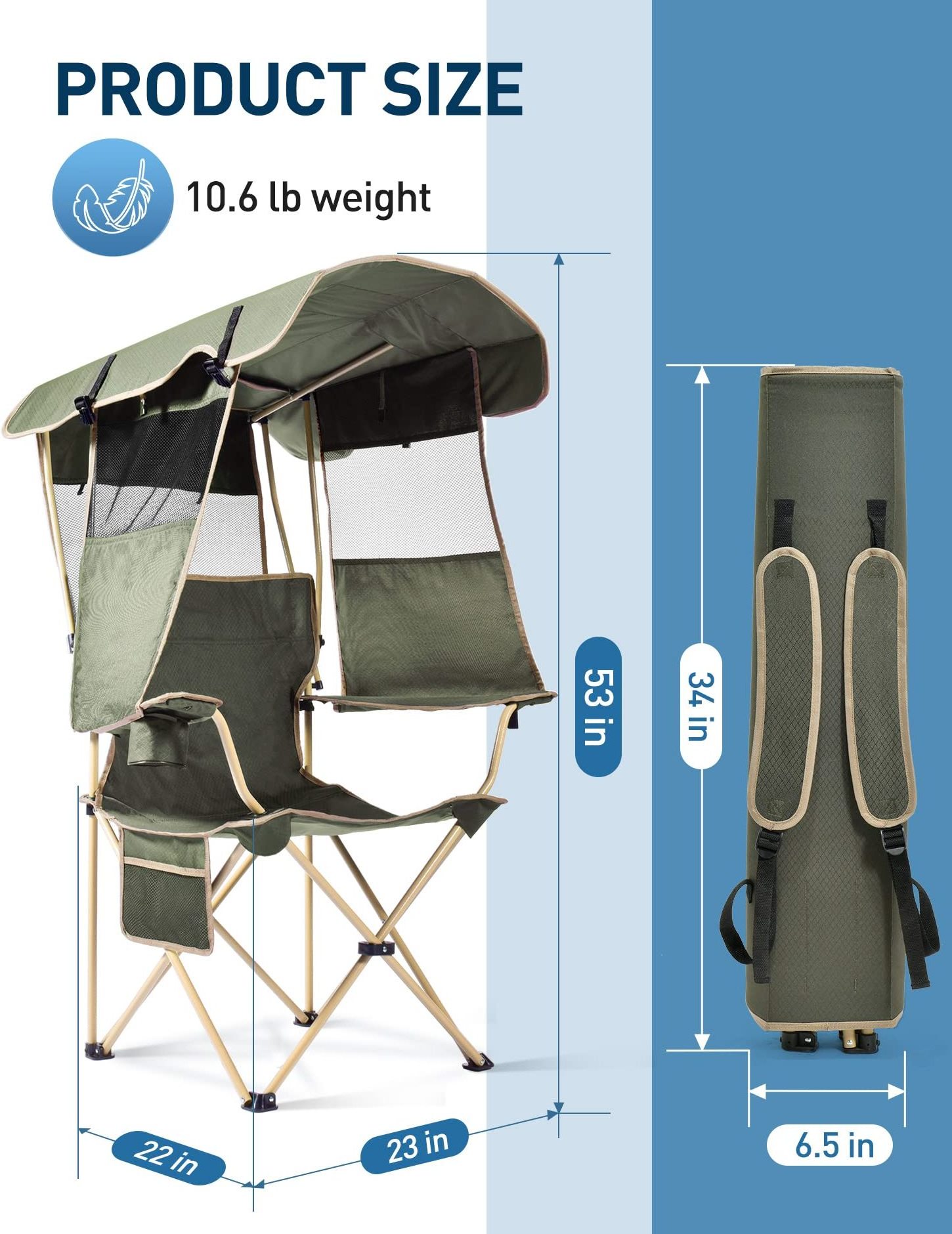 Wholesale Prices Folding Camping Chair with Canopy Outdoor Beach Chair with Retractable Upf 50+ Canopy Sun Visor Cup Holder