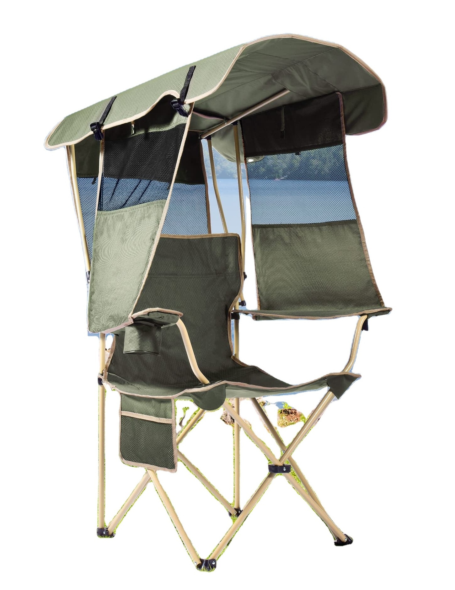 Wholesale Prices Folding Camping Chair with Canopy Outdoor Beach Chair with Retractable Upf 50+ Canopy Sun Visor Cup Holder