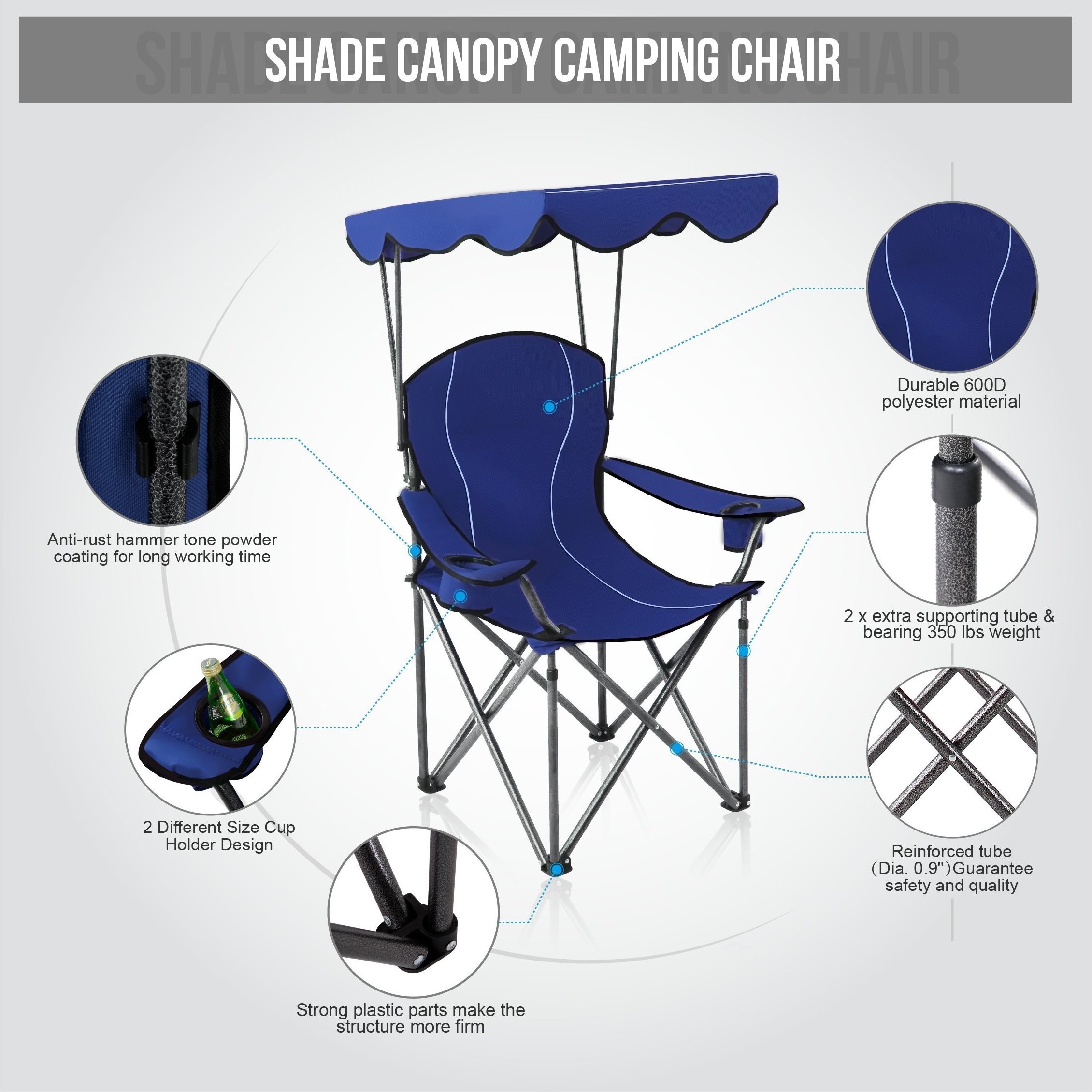 Wholesale Prices Camp Chairs with Shade Canopy Chair Folding Camping Recliner Support 350 LBS