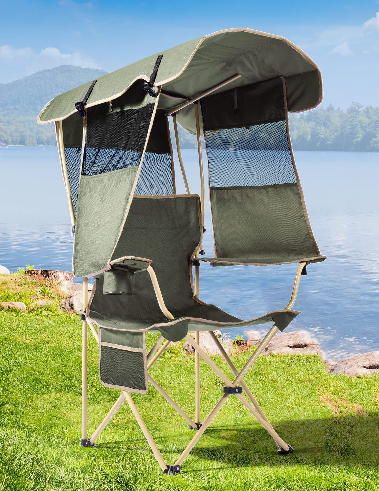 Wholesale Prices Folding Camping Chair with Canopy Outdoor Beach Chair with Retractable Upf 50+ Canopy Sun Visor Cup Holder