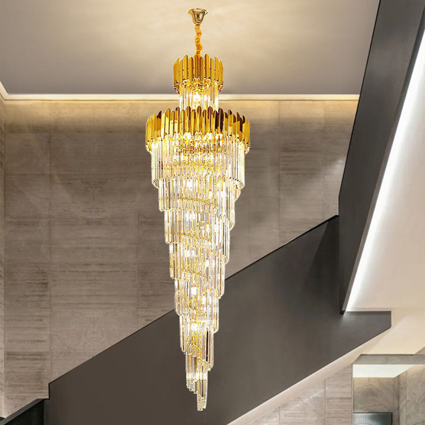 Top Sale Modern Luxury Indoor Gold Large Round Stairwell Hanging Lighting For Hotel Lobby Staircase Crystal Chandeliers