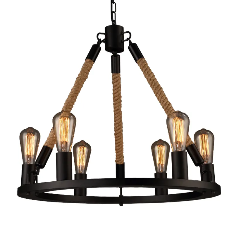 Popular Vintage professional industrial handmade pendant lamps with hemp rope iron light chandelier led pendant light