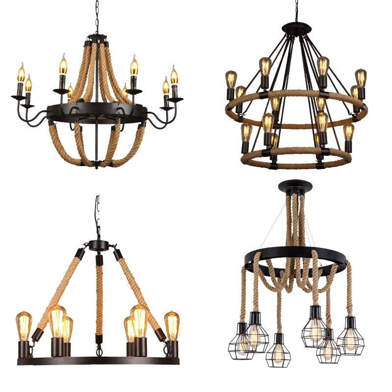 Popular Vintage professional industrial handmade pendant lamps with hemp rope iron light chandelier led pendant light