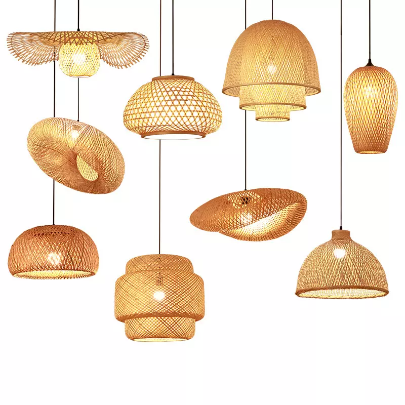 Round Wooden Lampshade Height Adjustable Ceiling Light for Bedroom E27 Retro Pendant Light Bamboo Rattan Hand Woven Chandeliers