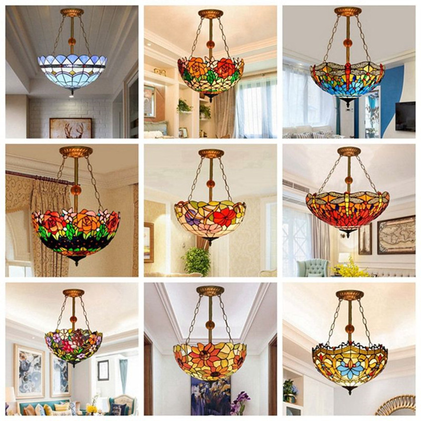 Lampes Lampara Stained Glass House Lamp 20' 24' Tifani Antique Hotel Lighting Shade Light Vintage Pendant Tiffany Lamps Pendants