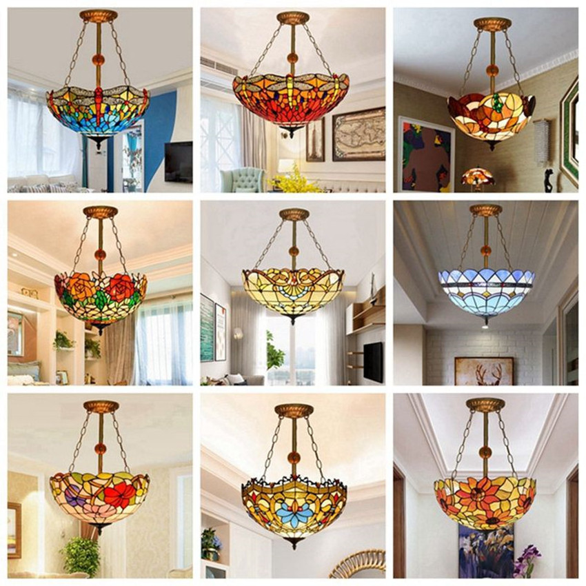 Lampes Lampara Stained Glass House Lamp 20' 24' Tifani Antique Hotel Lighting Shade Light Vintage Pendant Tiffany Lamps Pendants