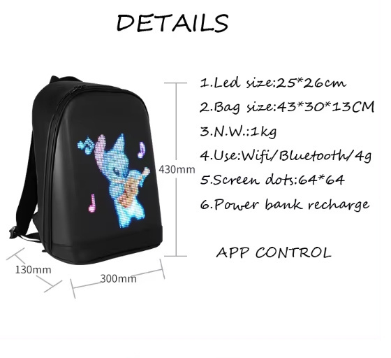 Crelander Fashion LED Backpack App Control DIY Custom Men's Women's Laptop Backpack With Bluetooth Speaker